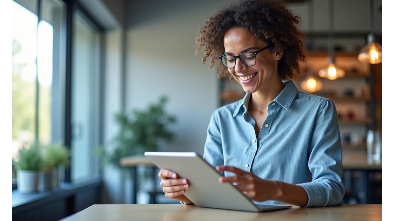 En small business eier ser fornøyd på en skjerm som viser strømlinjeformede prosesser og AI-assistanse, med ren, minimalistisk kontorbakgrunn.