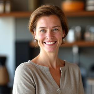 Portrett av en fornøyd kaféeier, Astrid Hansen.