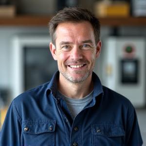 Portrett av fornøyd elektriker, Lars Johansen.