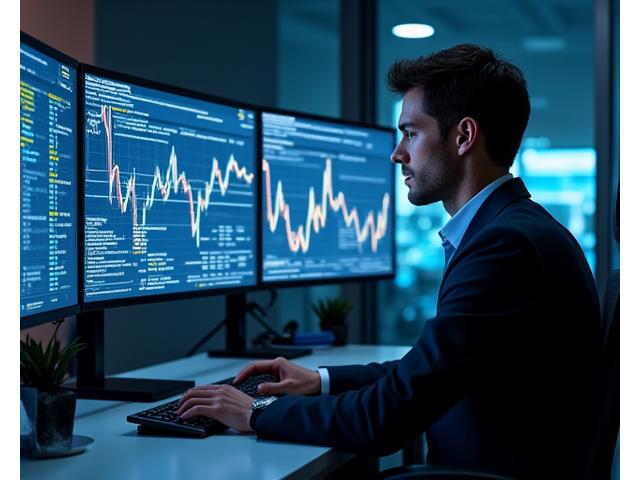 Finansanalytiker som jobber ved flere skjermer, fokuserer på data