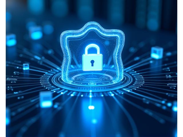 Et abstrakt visualiseringsdiagram som viser datakryptering og sikker datalagring med låseikoner og databaserigg i et futuristisk grensesnitt.