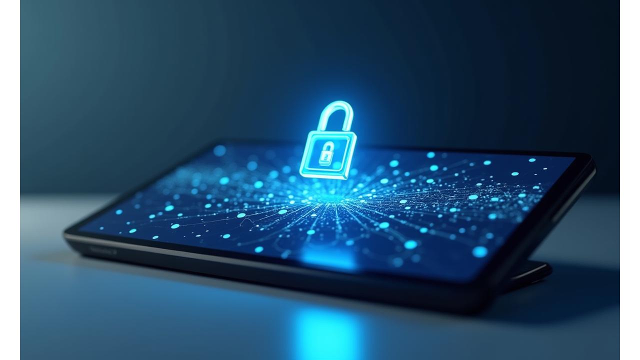 En elegant digital journal-applikasjon på en skjerm, med et hengelåsikon og et abstrakt sikkerhetsdiagram i bakgrunnen