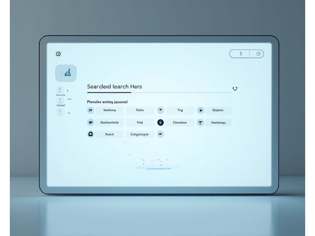 Et rent brukergrensesnitt som viser en avansert søkefunksjon i en digital journalapplikasjon, med filtreringsalternativer for dato, emne, og tagger.