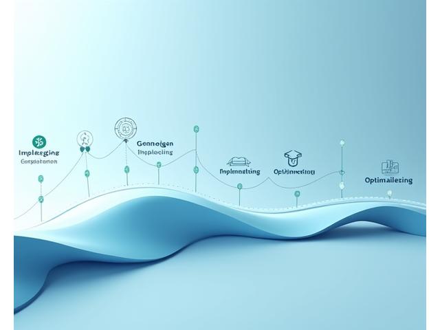 Illustrasjon av en prosjekttidslinje som viser trinnvis implementering av hybridarbeidsløsninger med milepæler for endringsledelse og opplæring