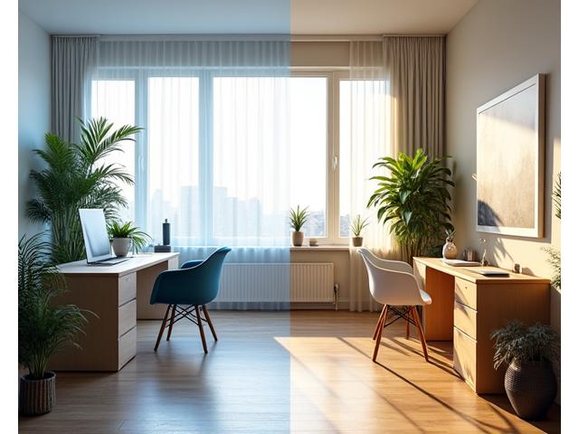 Et moderne norsk kontorlandskap kombinert med et koselig hjemmekontor, som symboliserer fleksibelt hybridarbeid