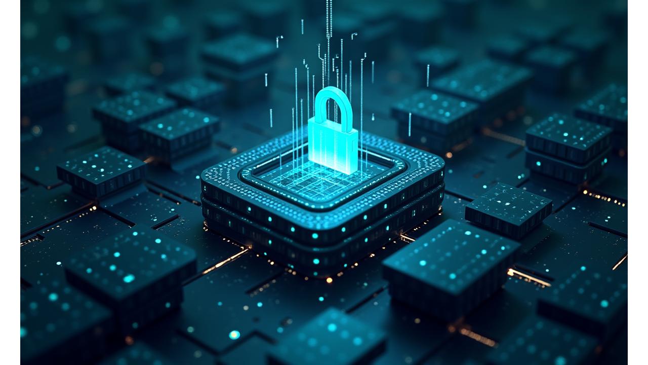 Abstrakt digital sikkerhetsarkitektur med lag av kryptering og brannmurer, symboliserer end-to-end kryptering og robust beskyttelse.