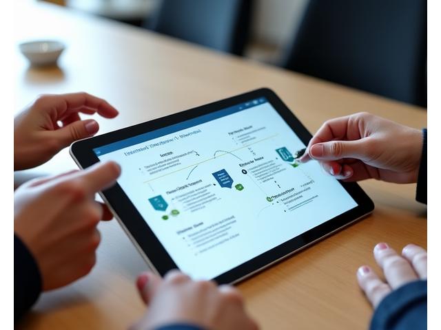 Diagram som viser en optimalisert arbeidsflyt med piler og ikoner for ulike faser, presentert på en moderne skjerm.