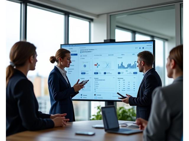 Gruppe mennesker av ulik alder og bakgrunn i et moderne norsk kontorlandskap, som fokuserer på digitalt verktøy